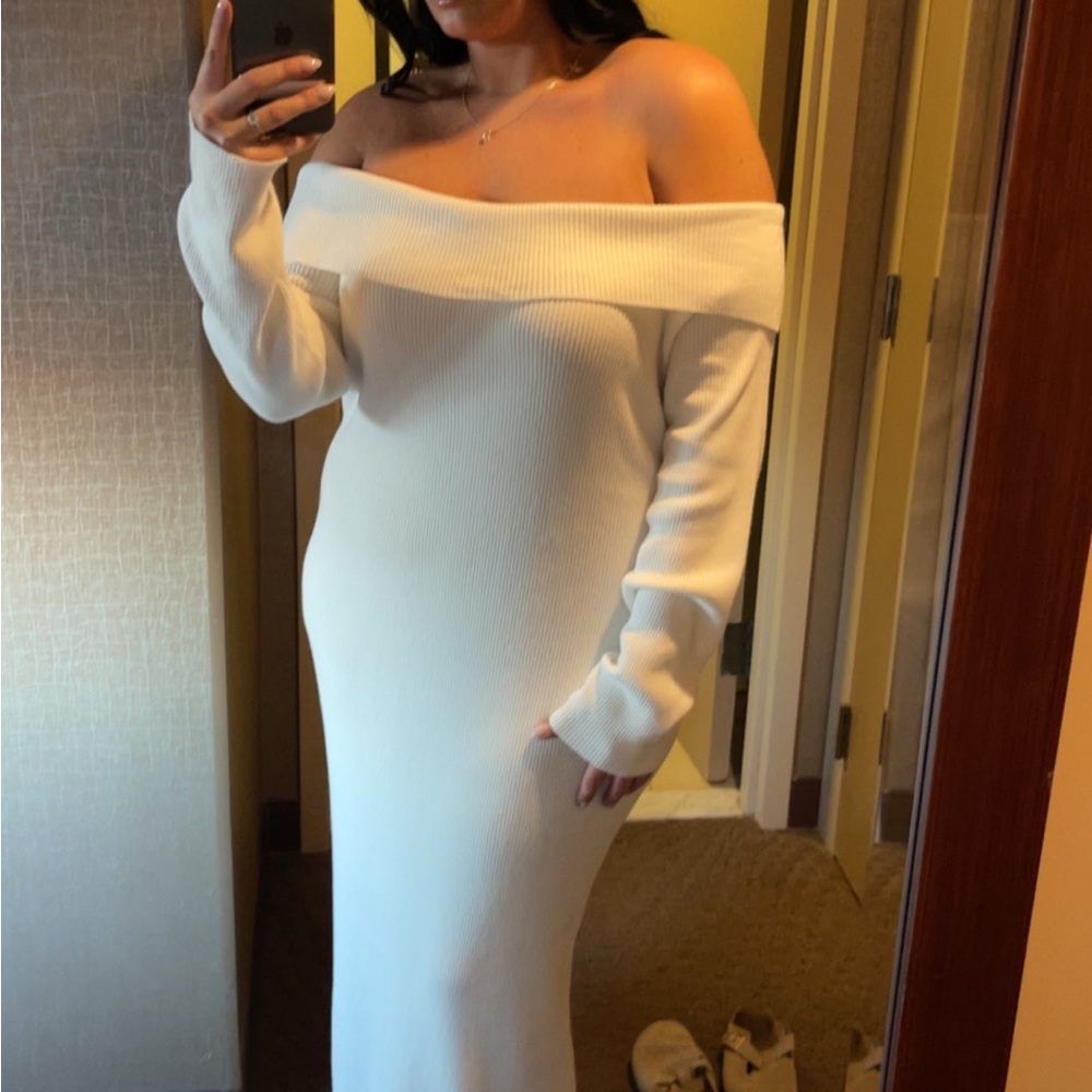 Off-Shoulder White Sweater Dress (WORN FOR TWO HOURS)